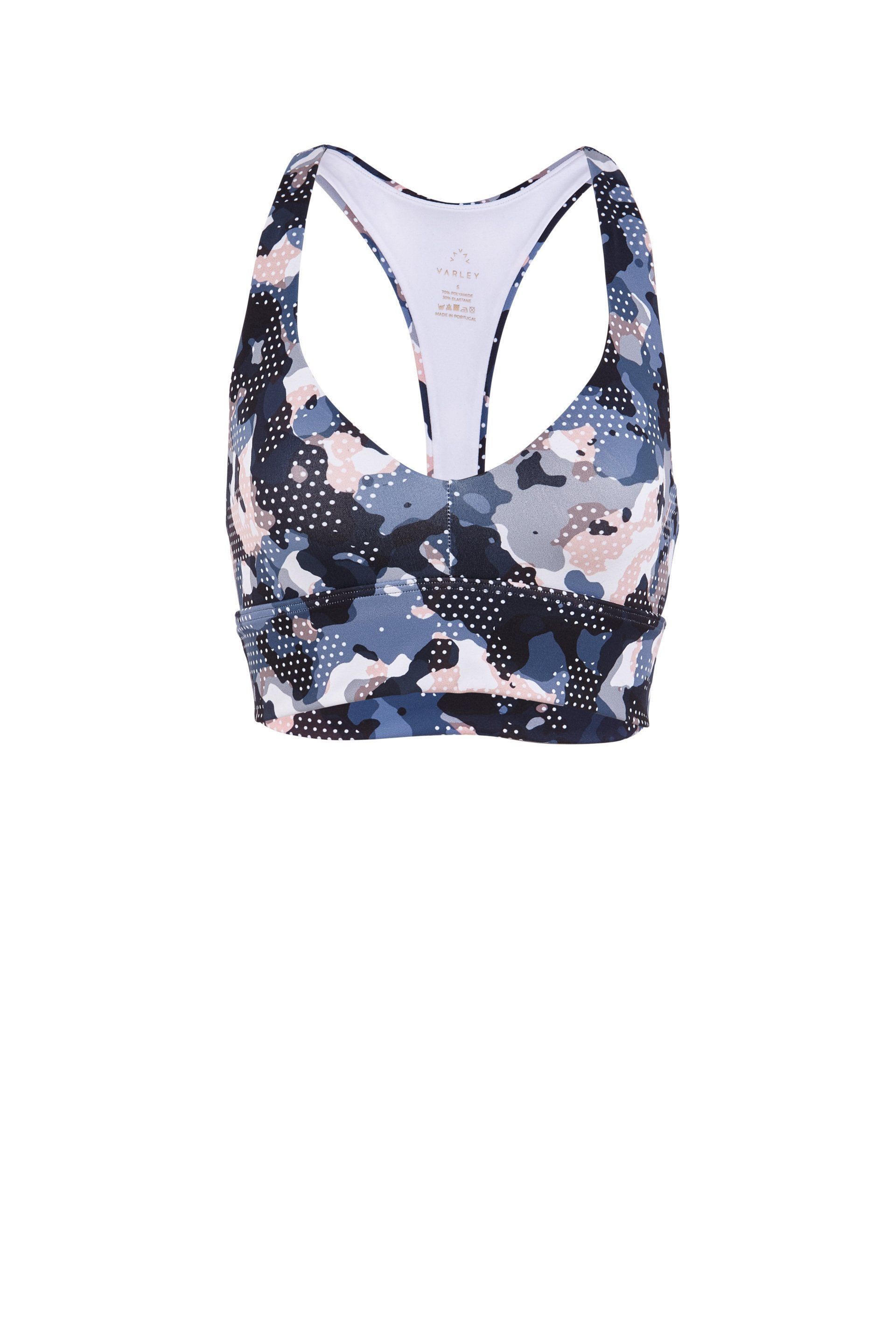 A sports bra with a camouflage pattern on it