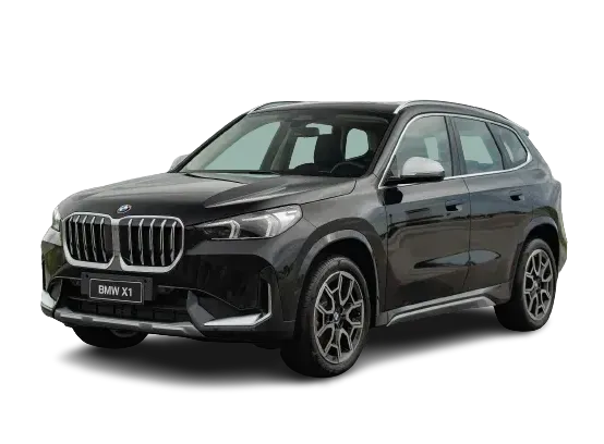 Um bmw x1 preto é mostrado em um fundo branco.