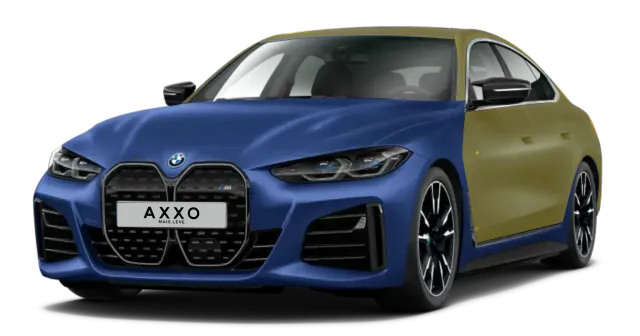 Um bmw série 4 azul e dourado é mostrado em um fundo branco.