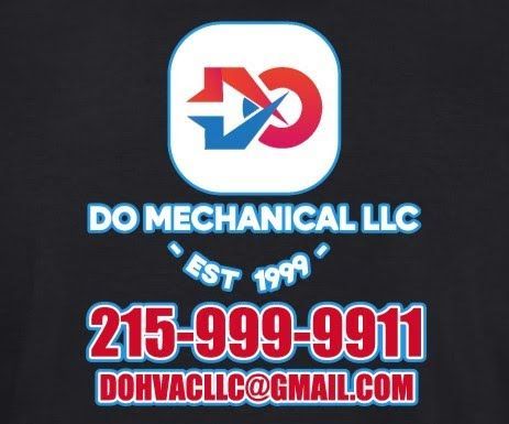 Logo for DO Mechanical LLC, with a blue, red, and white design and contact information.