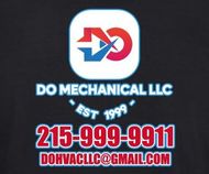 Logo for DO Mechanical LLC, with a blue, red, and white design and contact information.