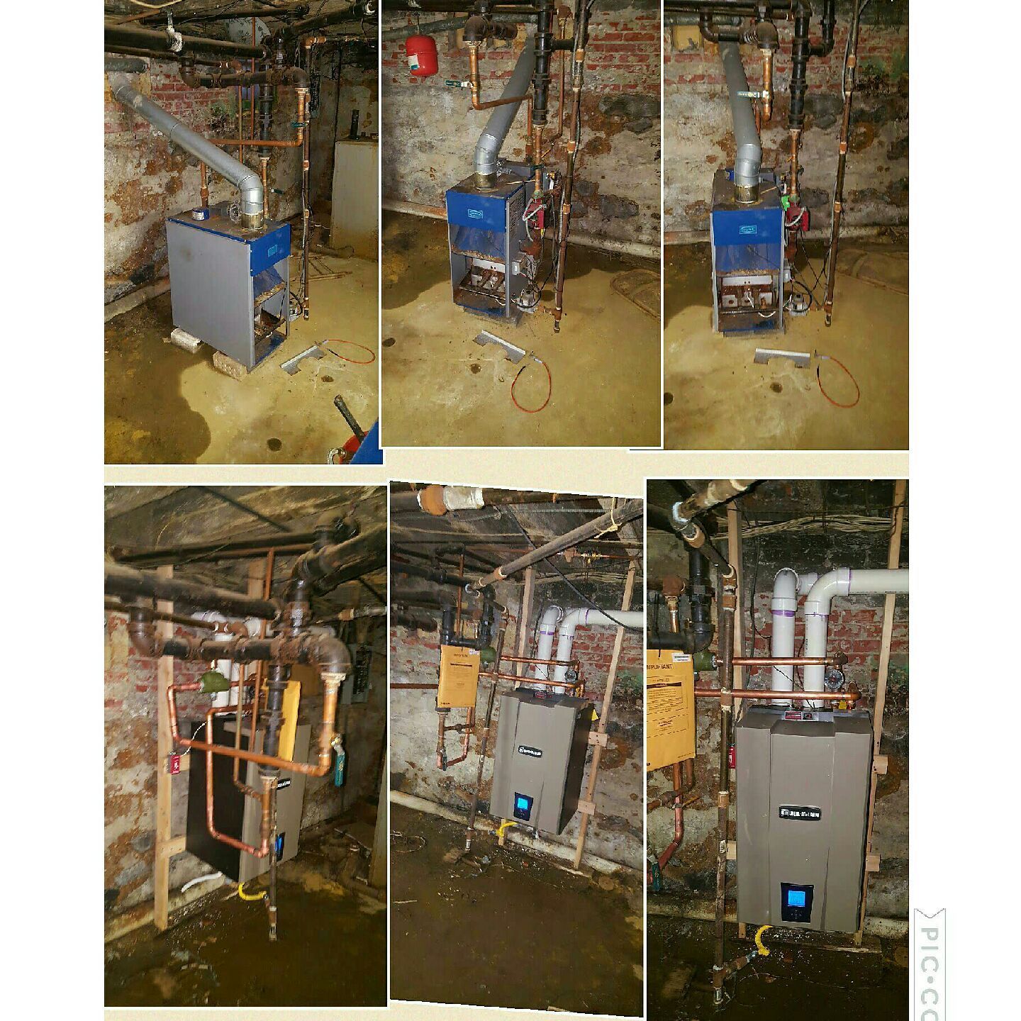 Installation of a new home heating system in a basement. Various stages of piping, valves, and furnace are shown.