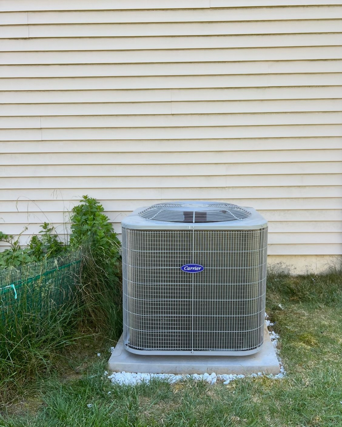 Air conditioning unit outside a beige house. Carrier brand on the unit, set on a concrete pad with grass and weeds around it.