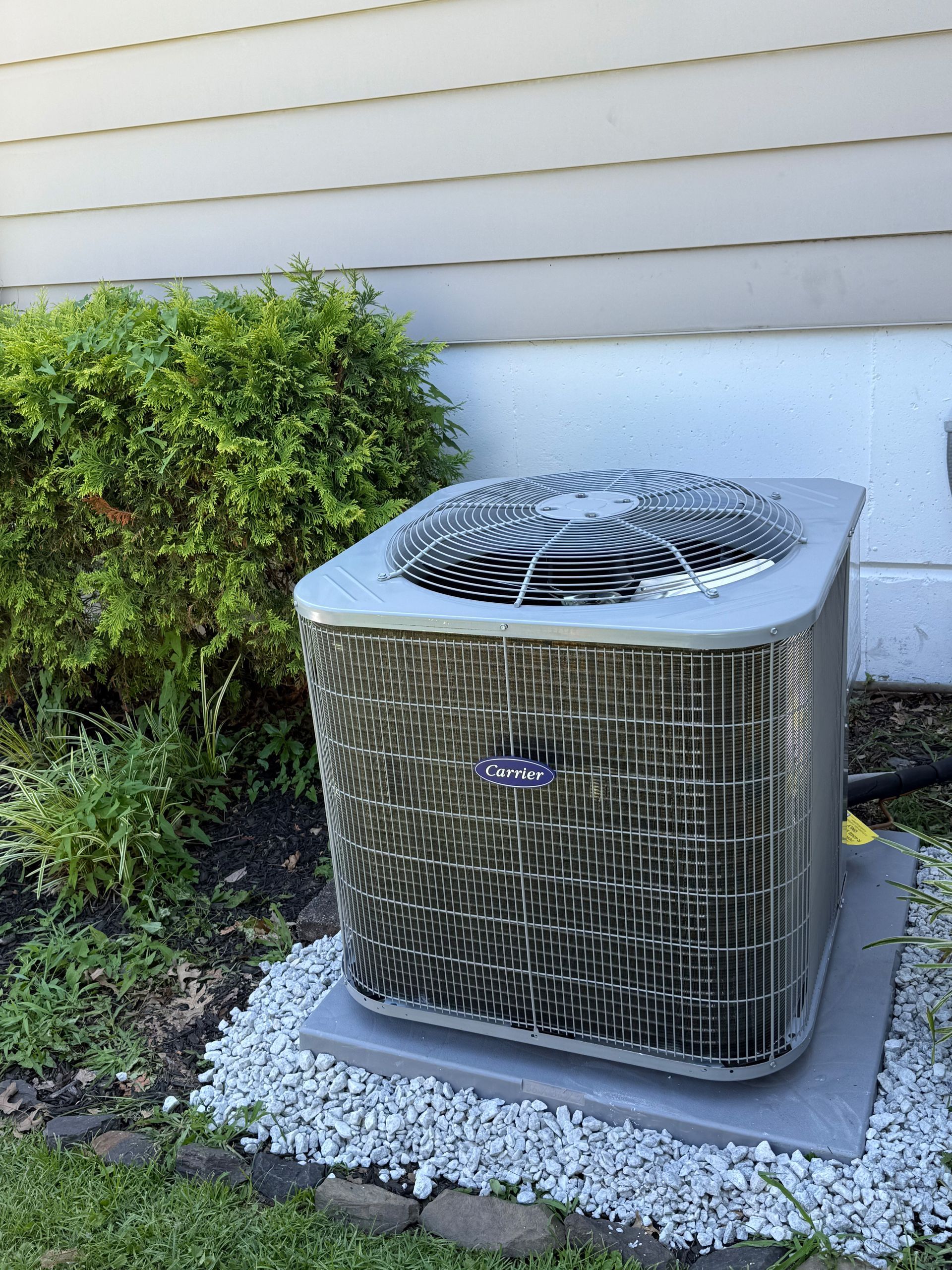 Air conditioner unit on a concrete pad next to a bush and building with beige siding.