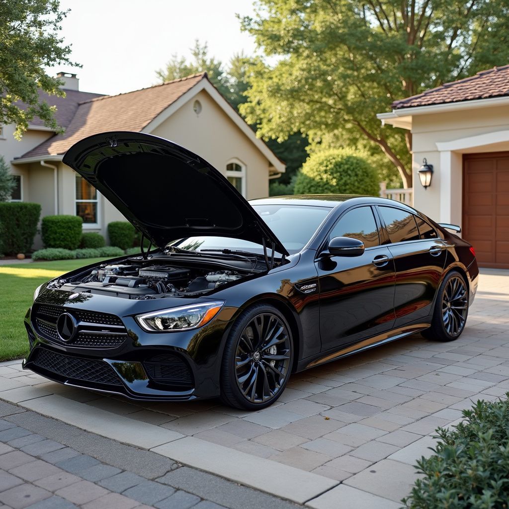 Black Mercedes-Benz sedan with the hood open, parked in front of a house on a paved driveway.