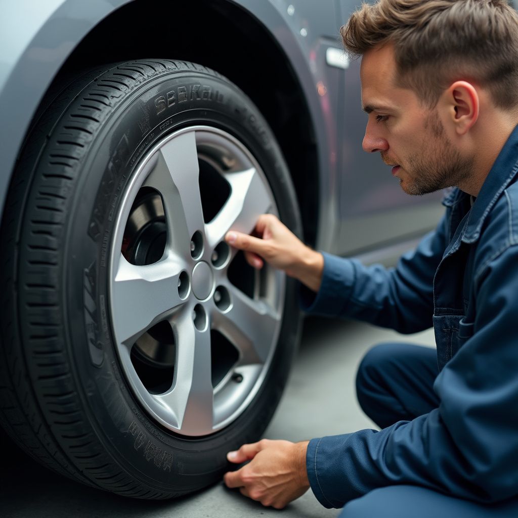 Mechanic examining car wheel, wearing blue coveralls.