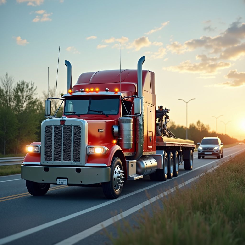 Red semi-truck driving on a highway at sunset. Another car is in the background.