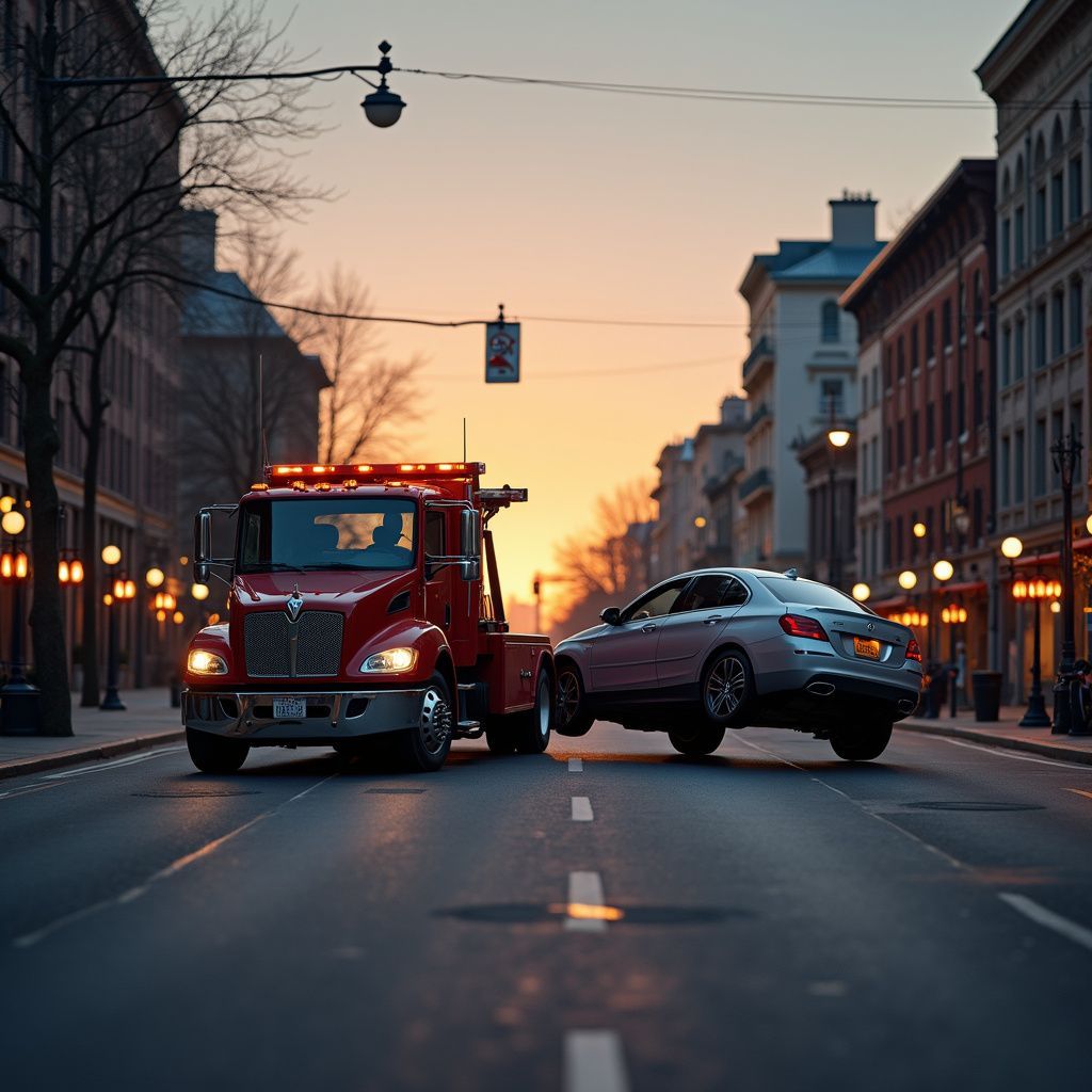 Tow truck lifting a silver car on a city street at sunset. Red truck, buildings, warm sky.