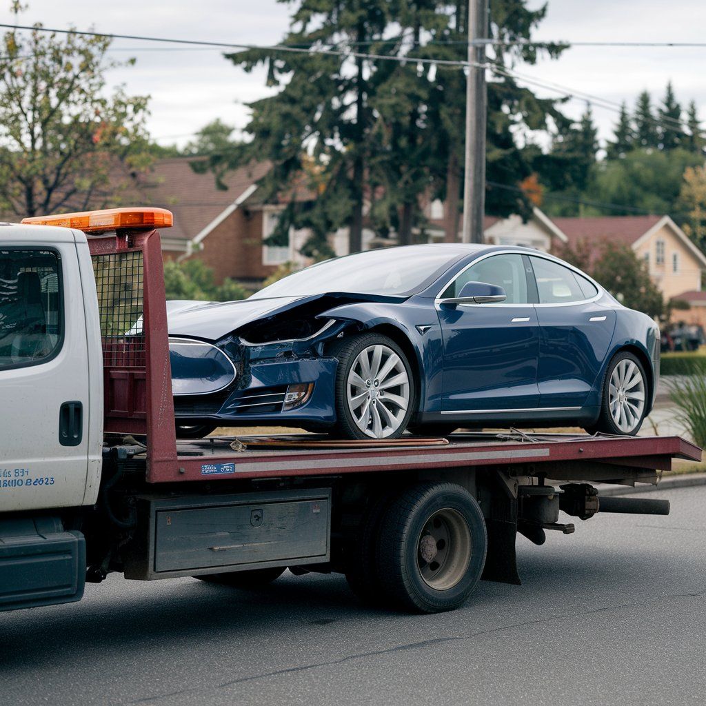 Flatbed tesla towing EV