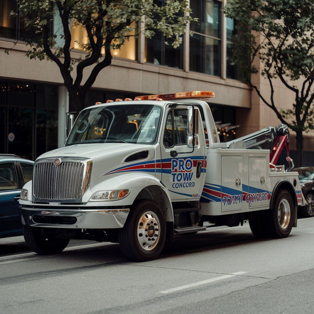 White tow truck parked on a city street, with the words