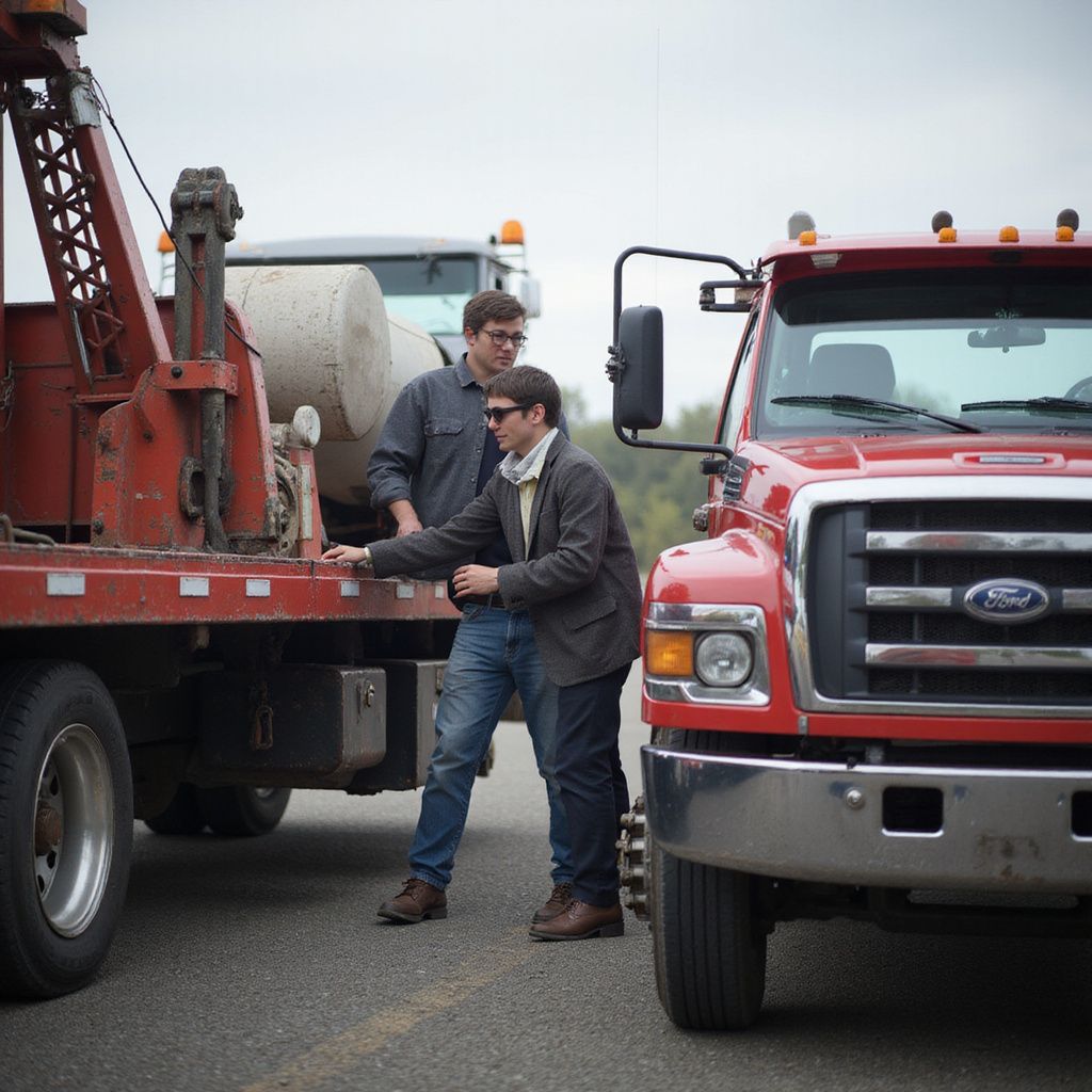 Two men near a red tow truck and another truck. One man points to the tow truck. Outdoors on road.