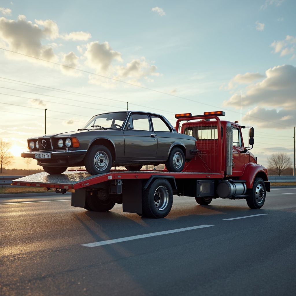 A vintage gray car on a red tow truck, driving on a road under a partly cloudy sky.