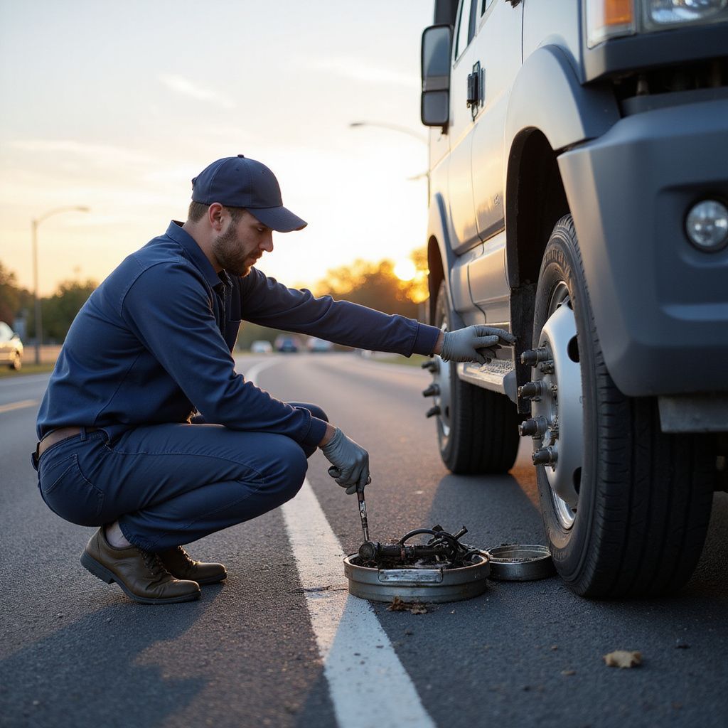 Mechanic changing a truck tire on a roadside.