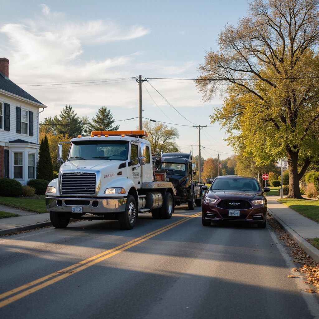 Tow truck towing another vehicle down a street in front of houses on a sunny day.