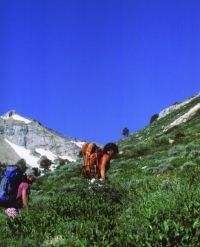 A person with a backpack is hiking up a hill.