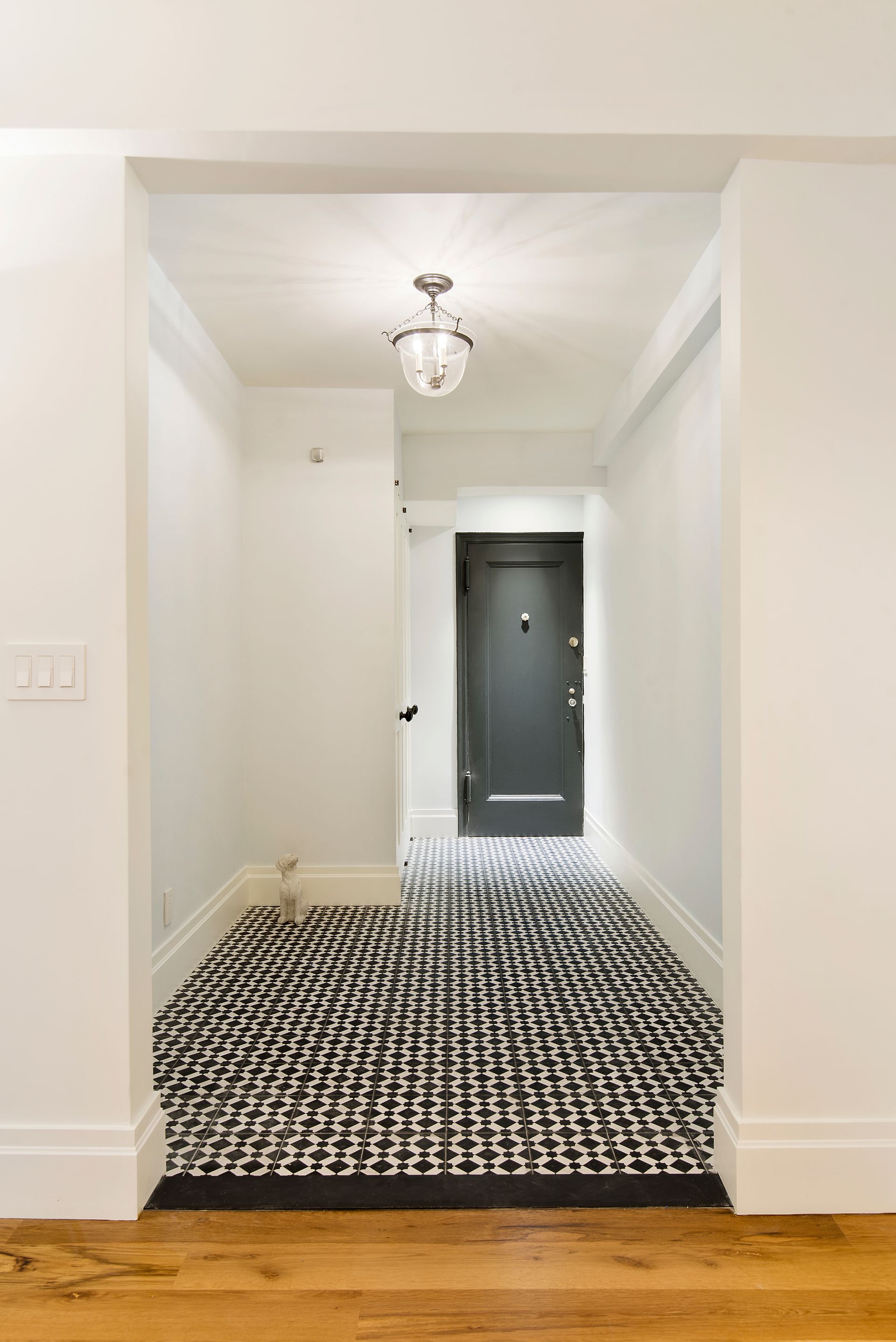 A hallway with black-and-white patterned tile, white walls, a flush-mount light fixture, and a dark grey entry door.