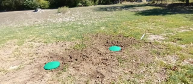 Two green discs are sitting in the middle of a grassy field.