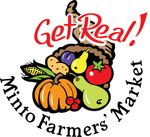 A logo for minot farmers market with a cornucopia of fruits and vegetables