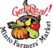 A logo for minot farmers market with a cornucopia of fruits and vegetables