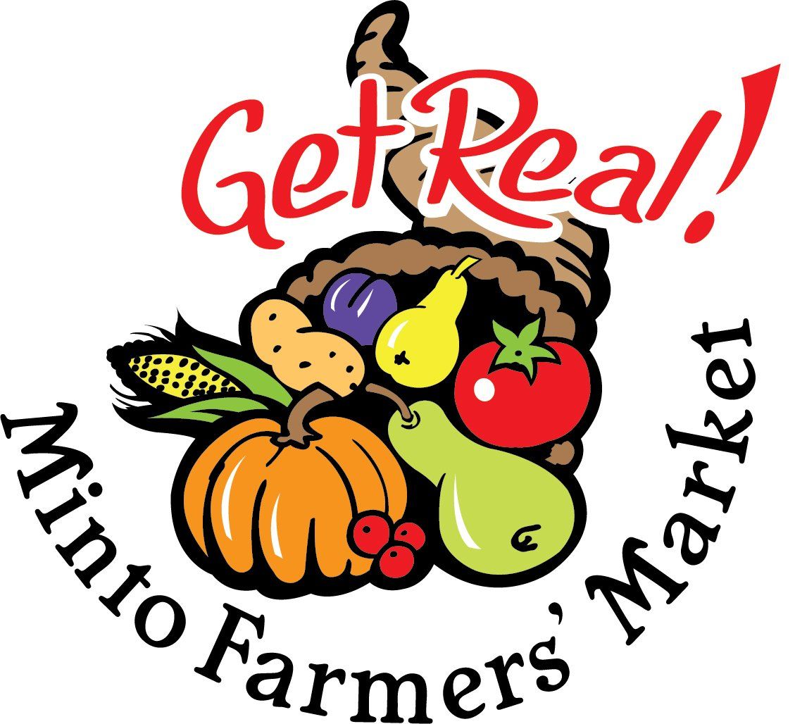 A logo for minot farmers market with a cornucopia of fruits and vegetables