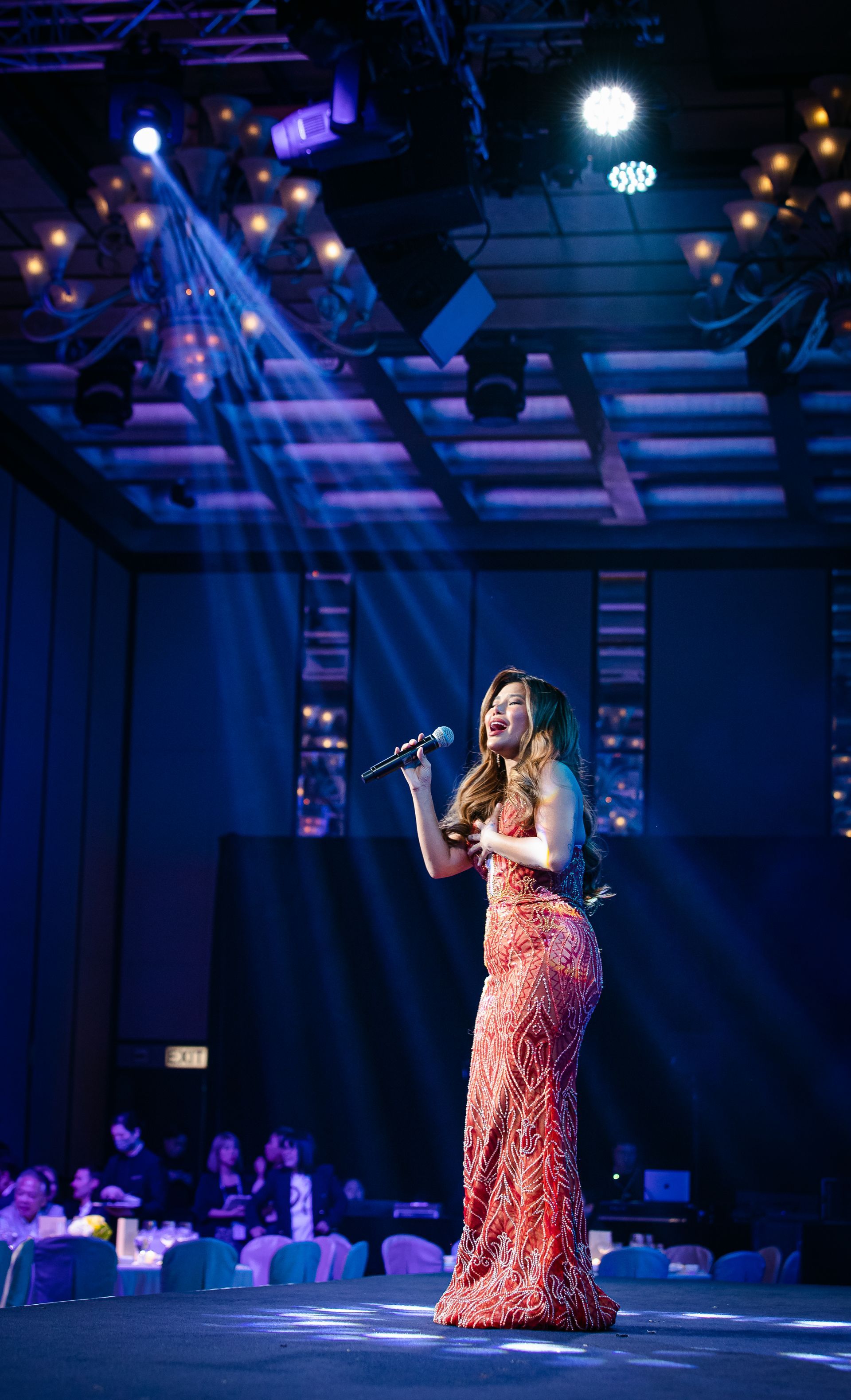 A photo taken by Ash Garwood of a woman performing at a high-end corporate gala in Hong Kong.