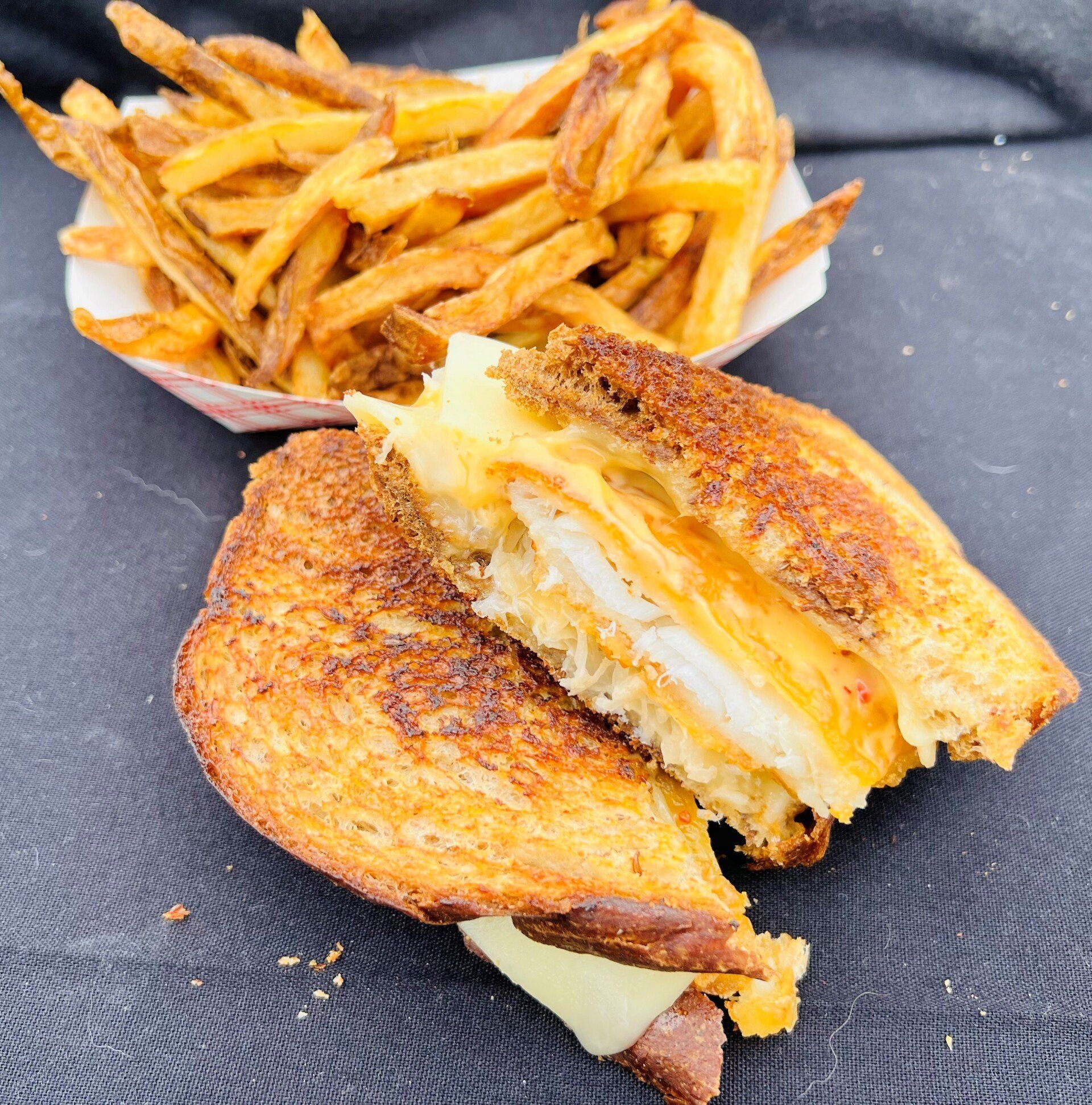 Grilled cheese sandwich cut in half, with fries in a paper tray.