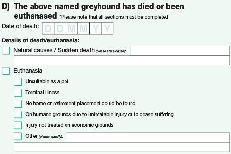 A section of a GBGB (Greyhound Board of Great Britain) form, which allows dogs to be killed on ‘economic’ grounds.