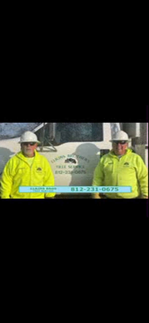 Elkins Bros. Tree Service employees standing in front of their trucks; phone number on graphic.