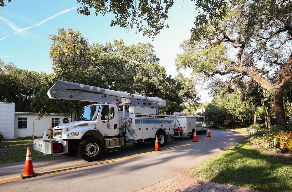 Utility truck with extended boom parked on a street, orange cones, and trees overhead.