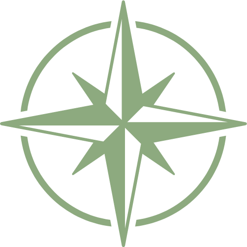 Green compass rose within a circle.