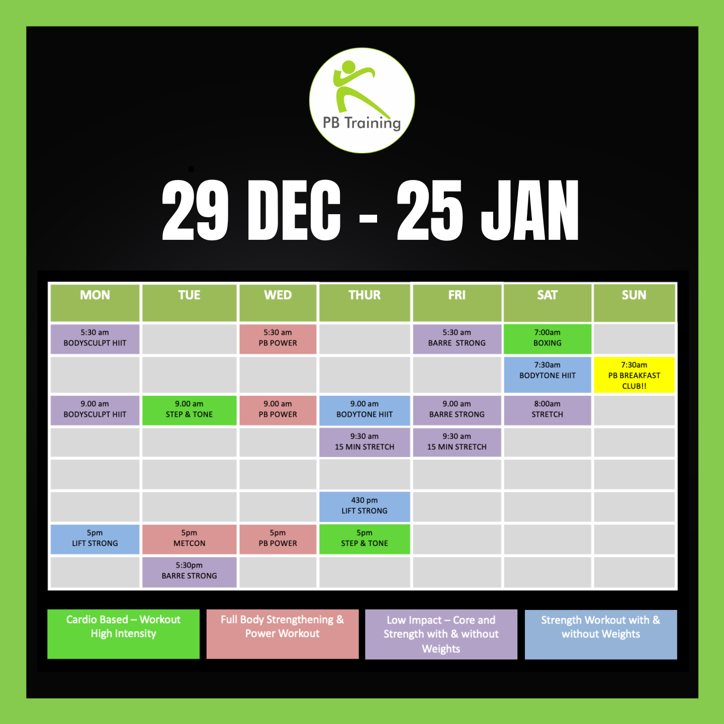 PB Training Class Timetable April 18 to May 22