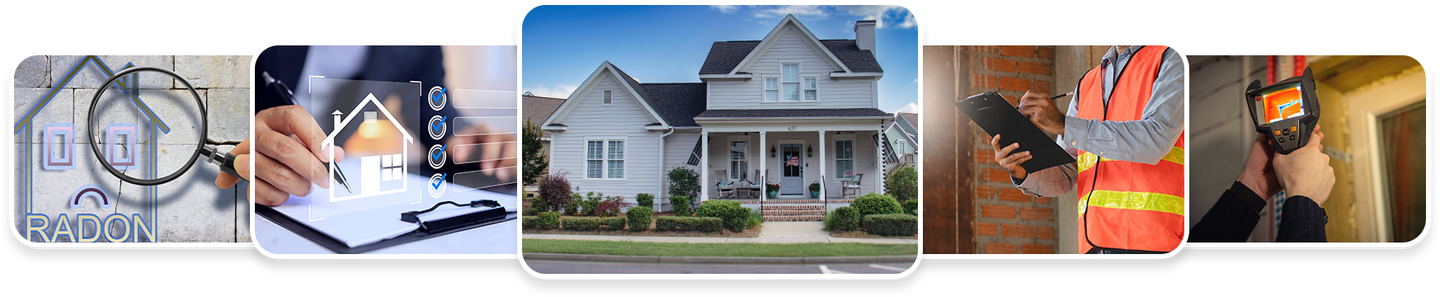 Icons depicting house inspection: blueprint, documents, home, tools, worker.