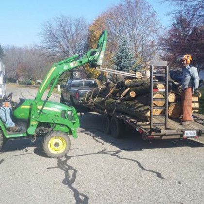 A john deere tractor is pulling a trailer full of logs.