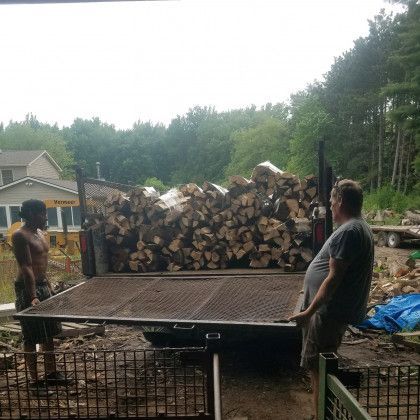 Two men are standing in front of a trailer filled with logs.