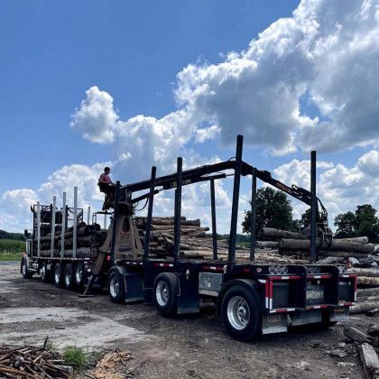 A truck with a trailer full of logs is parked in a dirt field