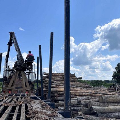 A man is sitting on a crane in front of a pile of logs.