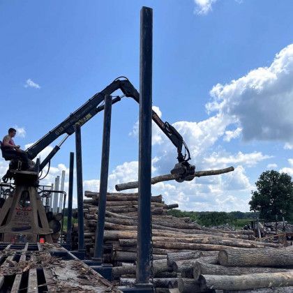 A man is sitting on a crane over a pile of logs.