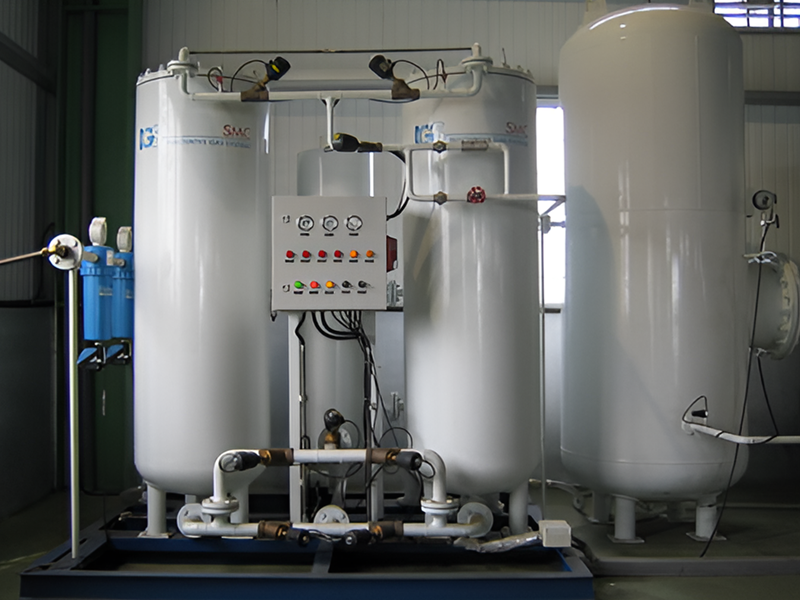 PSA 氮氣產生機原理圖示,展示分子篩在加壓狀態下吸附氧氣與雜質,並透過雙塔交替進行氮氣分離與再生循環的製程流程