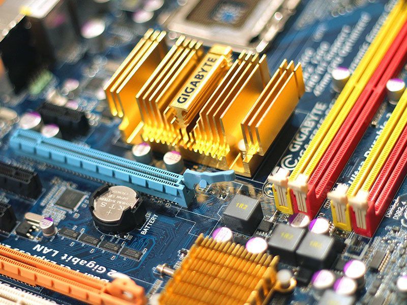 A close up of a gigabyte computer motherboard