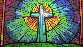 A colorful stained glass window with a cross in the middle