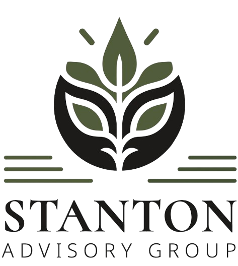 The stanton advisory group logo is a plant with leaves and a drop of water.