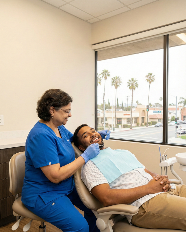A woman is flossing her teeth with a dental floss.