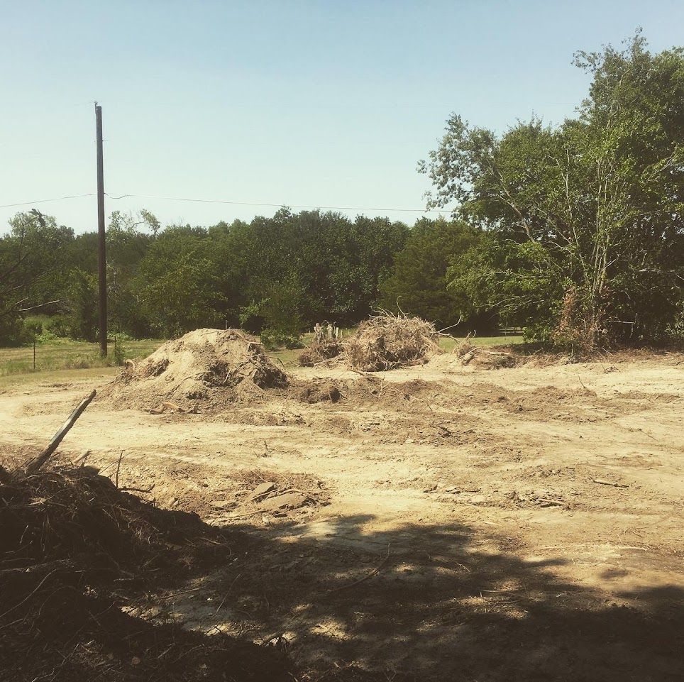 Dirt piles on a cleared, sunny lot with trees in the background. A utility pole is also visible.
