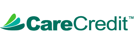 The logo for carecredit is green and white with a green leaf.