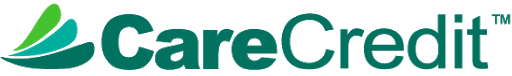 A close up of a carecredit logo on a white background