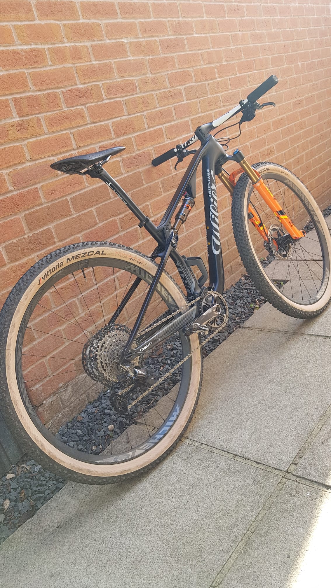 bike leaning on brick wall