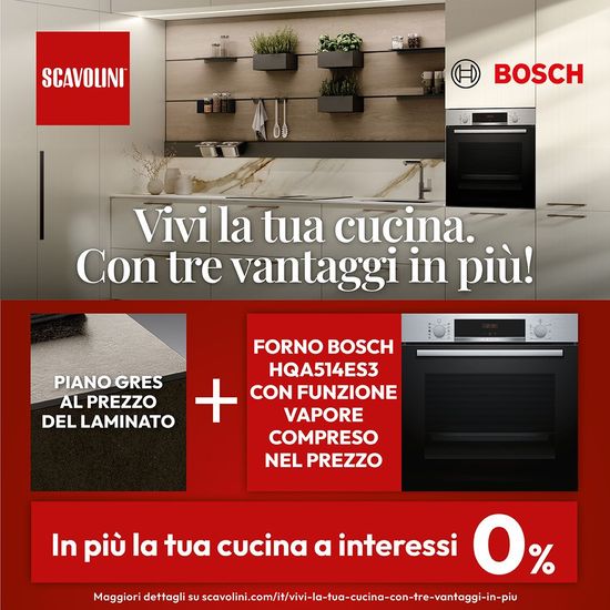 Annuncio promozionale della cucina Bosch con forno da incasso, ripiani e scritta 