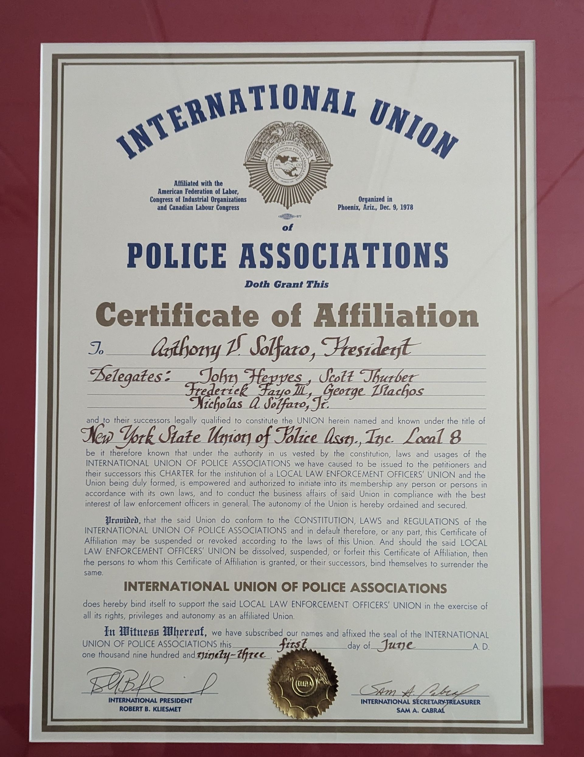 A certificate of affiliation from the international union of police associations
