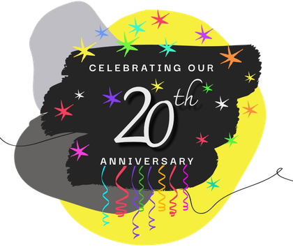 A black and yellow sign that says celebrating our 20th anniversary