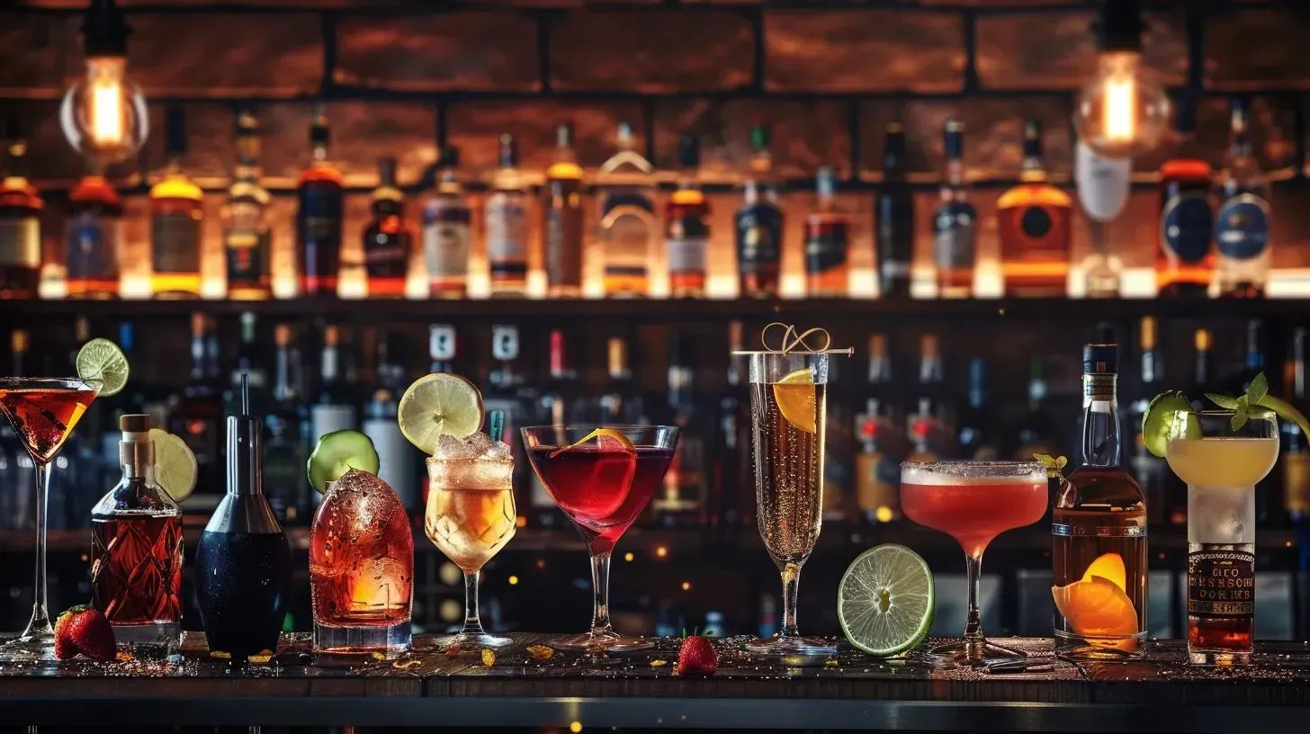 Cocktails line a bar. Liquor bottles are visible behind them.
